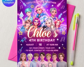 Invitación de cumpleaños de Kpop, invitación de cumpleaños de cazadores de demonios de Kpop, plantilla editable de Canva, invitación de anime Kpop, descarga digital imprimible