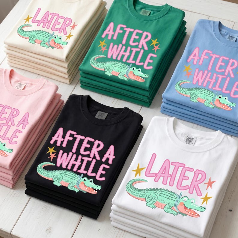 Make your clothing boutique stand out with this gorgeous Later Gator svg alternative digital download. This charming and trendy cute alligator concept is an absolute must have for creating eye catching t-shirts, cozy lounge sweaters, and customized boutique merchandise. Boasting high definition 300 DPI resolution and a fully transparent background, this preppy catch phrase design delivers spectacular results for sublimation printing. Elevate your small business offerings.