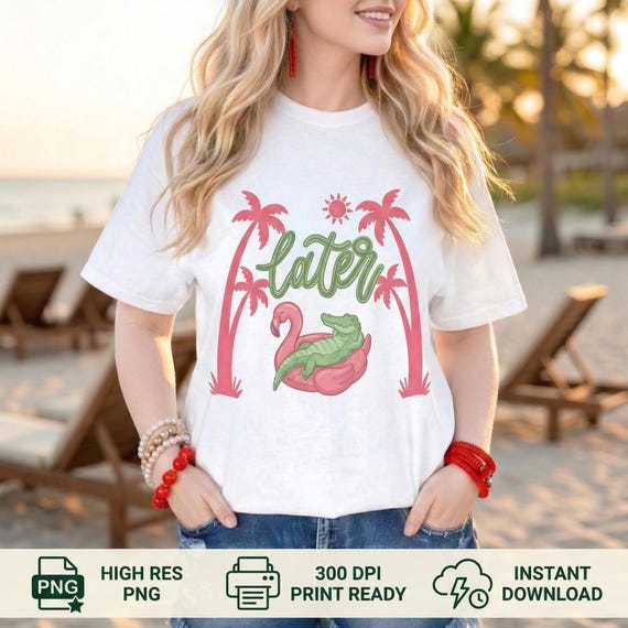 Everyday Later Gator PNG Pink Preppy Coastal Watercolor Summer Beach Alligator Trendy Design