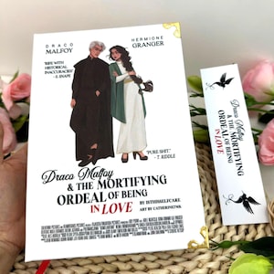 May include: A book and bookmark set titled "Draco Malfoy & The Mortifying Ordeal of Being in Love." The book cover shows illustrations of Draco Malfoy and Hermione Granger. The bookmark has the same title and a bird graphic.