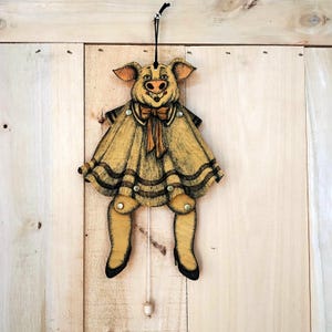 Pull-String Wall Puppet Anthropomorphic Jumping Jacks By  Susan Feves 1983 "Dancing Pig" Hanging Wood String Puppet Vintage Toys