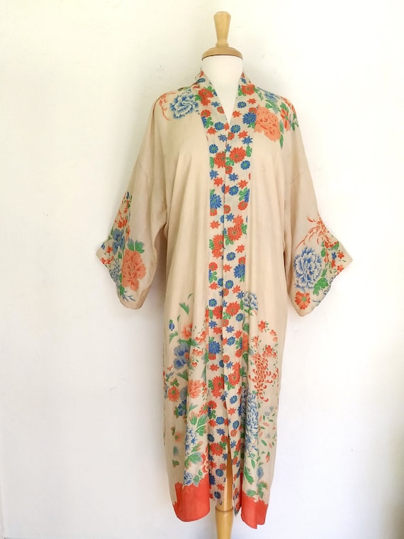 Antique 1920's Pongee Silk Japanese Floral Robe K