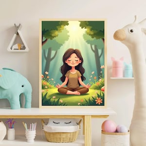 Peaceful forest girl meditation wall art digital download calm and mindful kids room decor woodland decor
