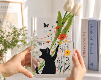 Black Cat Garden Acrylic Book Vase, Cat with Wildflower Flower Vase, Cottagecore Reader Gift for Cat Lover, Black Cat Gift for Book Lovers