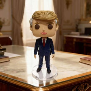 Peut inclure: Figurine Funko Pop en vinyle d'un homme en costume bleu marine avec une cravate rouge. La figurine a un teint hâlé, des cheveux blonds et se tient sur un socle en plastique transparent. La figurine est sur un bureau.