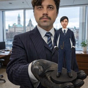 May include: A small figurine of a man in a navy pinstripe suit, white shirt, and tie, on a black base. The figurine is held in a gloved hand, with a man in a similar suit in the background. A cityscape is visible through a window.