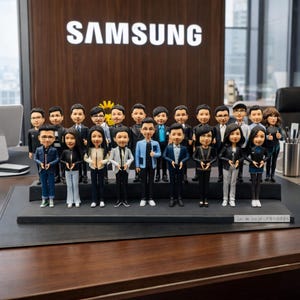 Pode incluir: Um grupo de figuras em miniatura de pessoas em trajes de negócios está em pé sobre uma base preta. As figuras estão dispostas em fileiras em frente a uma parede de madeira com a palavra "SAMSUNG" em letras brancas grandes.