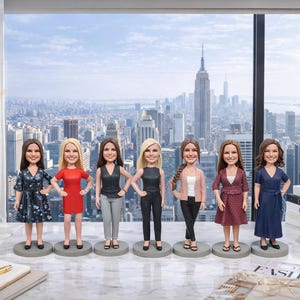 Puede incluir: Una colección de siete figuras de muñecas cabezonas de mujeres, cada una con un peinado y atuendo únicos. Las figuras están sobre bases circulares grises, con un paisaje urbano visible en el fondo. Las mujeres visten ropa informal de negocios.