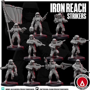Puede incluir: Colección de figuras en miniatura grises de soldados con equipo de combate. Las figuras están sobre bases negras y están en varias poses de acción, algunas sosteniendo armas y otras llevando equipo. El texto "IRON REACH STRIKERS" se muestra en la parte superior.