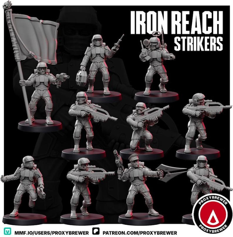 May include: A collection of gray miniature figurines of soldiers in combat gear. The figurines are on black bases and are in various action poses, some holding weapons and others carrying equipment. The text "IRON REACH STRIKERS" is displayed at the top.