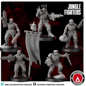 May include: A selection of grey miniature figurines of soldiers in combat attire. The figures are posed with various weapons and accessories, including rifles, grenades, and a banner. The text "JUNGLE FIGHTERS" is displayed in the upper right corner.