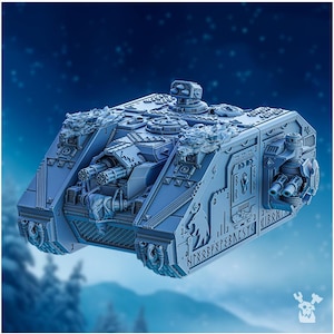 May include: A detailed, light blue model of a futuristic tank, featuring intricate designs and multiple weapon systems. The tank has a boxy shape with decorative wolf head emblems and runes. The background is a blurred blue with a hint of a snowy landscape.