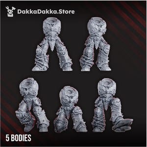 May include: Five gray miniature bodies with detailed armor, including helmets and leg armor. The armor features intricate designs, skulls, and spikes. The text "DakkaDakka.Store" is at the top, and "5 BODIES" is at the bottom.