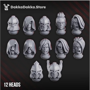 May include: A set of 12 grey miniature heads from DakkaDakka.Store, featuring various designs including helmets, hoods, and detailed facial expressions. The collection includes armoured visors, braided hair, and open-faced styles for gaming figures.