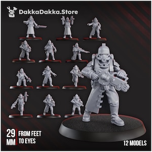 May include: A collection of 12 gray miniature models of soldiers, each standing on a small black base. The models are in various poses, some holding weapons. The text "29 mm from feet to eyes" is visible. The DakkaDakka.Store logo is in the top left corner.