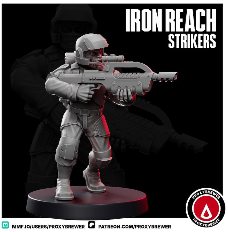 May include: A gray figurine of a soldier in a helmet and tactical gear, holding a futuristic rifle. The figure is posed on a black base, with the words "IRON REACH STRIKERS" in white text above. The background features a shadowy outline of a similar figure.