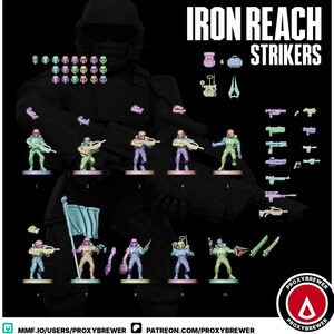 May include: An image featuring miniature figurines and weapons, labeled "Iron Reach Strikers." The figurines are in various poses and colors, including green, purple, and tan. A variety of miniature weapons are also displayed.