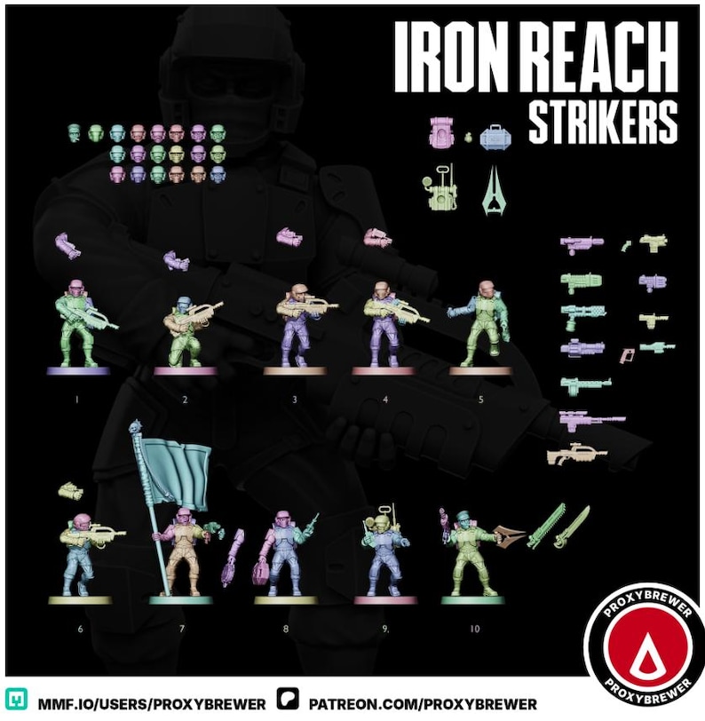 May include: An image featuring miniature figurines and weapons, labeled "Iron Reach Strikers." The figurines are in various poses and colors, including green, purple, and tan. A variety of miniature weapons are also displayed.