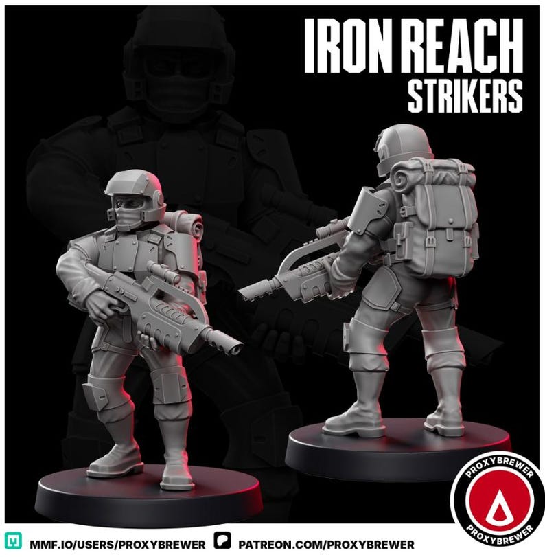 May include: Two gray miniature figurines of soldiers in combat gear, holding futuristic rifles. The figures stand on black circular bases. The text "IRON REACH STRIKERS" is displayed in white at the top of the image. A logo is in the bottom right corner.