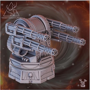 May include: A detailed, gray miniature artillery turret with multiple rotating barrels. The base features a skull design and chain detailing. The image includes the text "TAIGA MINIATURES" and a logo.