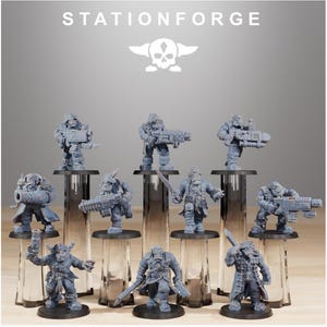 May include: A set of grey miniature figurines, each representing a character with weapons and detailed clothing. The figurines are displayed on clear stands against a light grey background. The text "STATIONFORGE" and a skull logo are at the top.