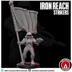 May include: A gray miniature figurine of a soldier holding a flag and a weapon. The flag is attached to a pole topped with a skull. The figurine is wearing a helmet and armor. The text "IRON REACH STRIKERS" is displayed in white.