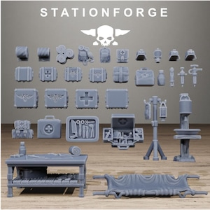May include: A collection of grey resin miniature medical equipment and supplies, including crates, a table, a stretcher, an IV stand, and surgical tools. The text STATIONFORGE is printed at the top with a skull and anvil logo below it.