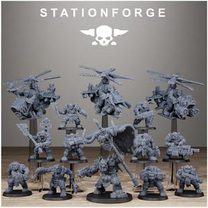 May include: A collection of gray miniature figurines, including orcs and vehicles with helicopter-like blades. The text "STATIONFORGE" and a skull logo are at the top. The figurines are on black bases.