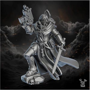 May include: A detailed, grey miniature figure of a warrior holding a pistol and a sword. The figure is clad in armour and a long coat, with a skull-adorned base. The warrior has a mechanical eyepiece and a backpack.