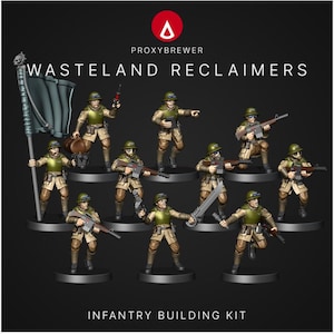 Puede incluir: Figuras en miniatura de soldados con uniformes verde oliva y beige, sosteniendo armas. Se muestra el texto "Wasteland Reclaimers" y "Infantry Building Kit". Las figuras están sobre bases negras.