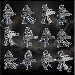 May include: A collection of twelve silver-colored miniature figurines of armored figures, each holding a large weapon. The figures are wearing hooded cloaks and appear to be in a battle-ready stance. The background is a dark, cloudy sky.