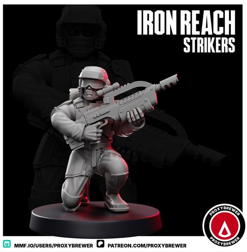 May include: A gray miniature figurine of a soldier kneeling and holding a large futuristic rifle. The figurine is wearing a helmet and tactical gear. The words "IRON REACH STRIKERS" are printed in white. The figurine is on a black base.