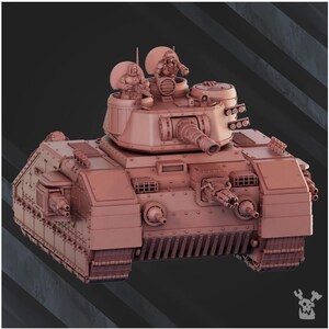 May include: A reddish-brown model tank featuring multiple turrets, cannons, and machine guns. Two miniature figures are positioned on top. The tank has a tread system and is designed with rivets and panel details.