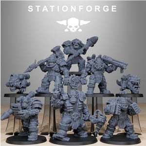 May include: A set of eight unpainted gray resin miniature figures featuring orc-like warriors in heavy armor with various weapons, including rifles, hammers, and drills, plus two small creature companions, all under the text STATIONFORGE.