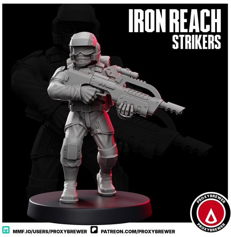 May include: A gray miniature figurine of a futuristic soldier holding a large rifle. The figure is wearing a helmet and tactical gear. The text "IRON REACH STRIKERS" is displayed above the figure. The figure is standing on a black base.