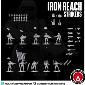 May include: A black and white image featuring miniature figurines and weapons labeled "Iron Reach Strikers." The figurines are of soldiers in armor, holding rifles and other gear. Various weapons and accessories are also displayed.