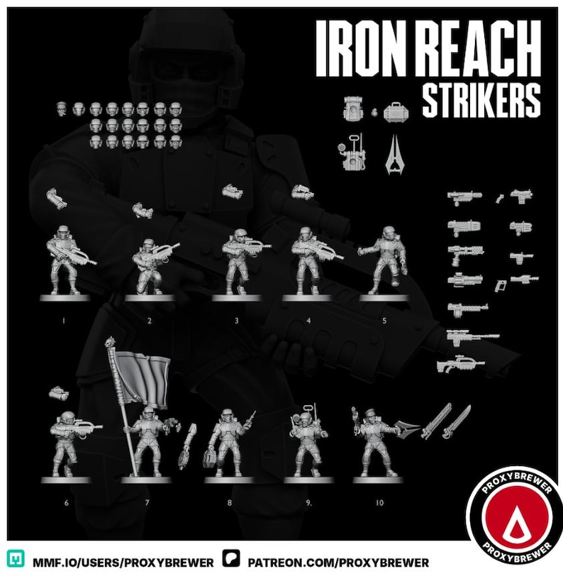 May include: A black and white image featuring miniature figurines and weapons labeled "Iron Reach Strikers." The figurines are of soldiers in armor, holding rifles and other gear. Various weapons and accessories are also displayed.