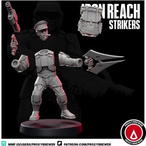 May include: A gray 3D-printed miniature figure of a soldier, with various detachable parts including a head, arms, and weapons. The figure is standing on a black base, with the words "IRON REACH STRIKERS" in white text. A backpack is also included.