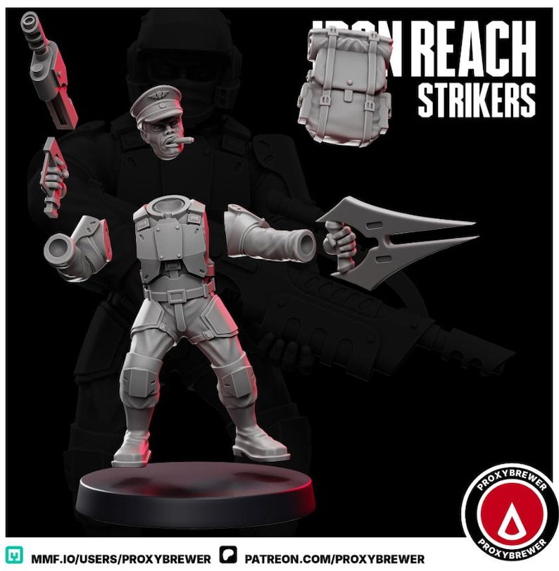 May include: A gray 3D-printed miniature figure of a soldier, with various detachable parts including a head, arms, and weapons. The figure is standing on a black base, with the words "IRON REACH STRIKERS" in white text. A backpack is also included.