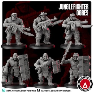 Peut inclure: Six figurines miniatures grises d'Ogres Jungle Fighter, chacune posant avec des armes et de l'équipement. Certaines figurines tiennent de grosses mitrailleuses, tandis que d'autres portent des boucliers et des couteaux.