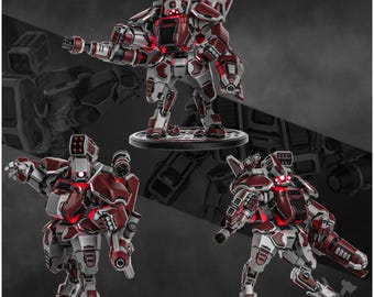 May include: Three detailed miniature robot figures in red and white with glowing red accents. Each figure is posed on a circular base, showcasing intricate mechanical designs. The robots have various weapon attachments.