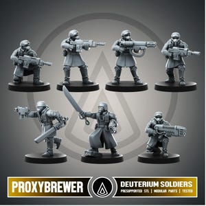 Può includere: Una collezione di miniature grigie di Deuterium Soldiers, ognuna in posa con armi ed equipaggiamento. Le figure sono su basi nere, con un logo e testo in basso. I soldati indossano elmetti e cappotti.
