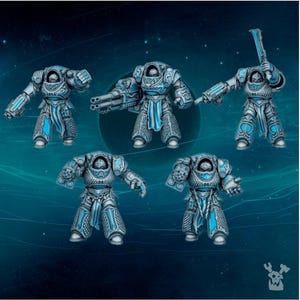 May include: Five detailed miniature figures of armored warriors in a futuristic style. The figures are primarily gray with blue accents, and each is posed differently, some holding weapons. The background is a gradient of blues.