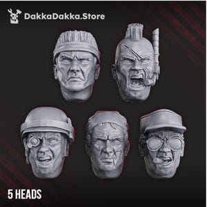 May include: Five gray, detailed sculpted heads with various expressions and headwear. One head has a mohawk and a tube, another has a monocle, and another wears a cap and glasses. The text "5 HEADS" is at the bottom.