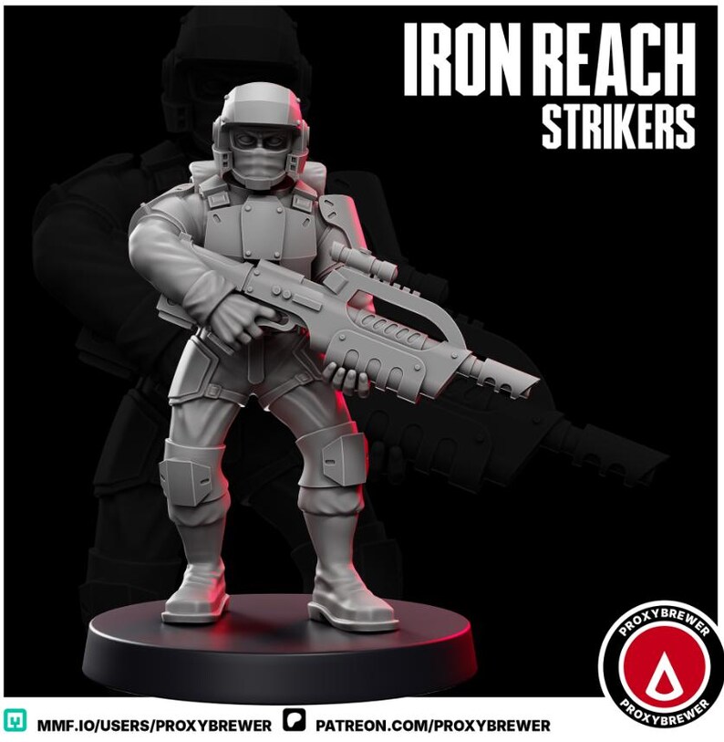 May include: A gray figurine of a soldier in tactical gear, holding a futuristic rifle. The figure is on a black base, with the words "IRON REACH STRIKERS" in white text. The background features a shadowy outline of a similar figure.