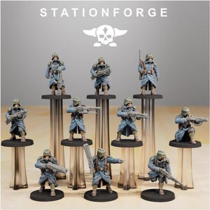 May include: Ten miniature soldier figurines from StationForge, each wearing a blue trench coat, helmet, and gas mask. The figures are posed in various combat stances, holding rifles or heavy weapons, and are mounted on individual black circular bases.