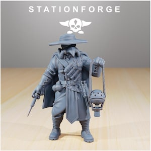 May include: A grey plague doctor figurine, with a wide-brimmed hat, goggles, and a beak-like mask. The figure holds a syringe and a censer. The text "STATIONFORGE" and a skull logo are at the top.