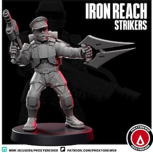 May include: A gray miniature figurine of a soldier holding a gun and a blade-like weapon. The figurine is wearing a military uniform and a cap. The text "IRON REACH STRIKERS" is displayed above the figurine.