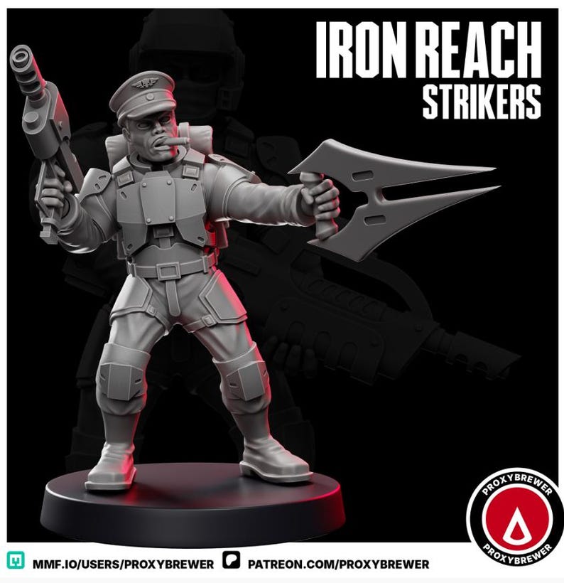 May include: A gray miniature figurine of a soldier holding a gun and a blade-like weapon. The figurine is wearing a military uniform and a cap. The text "IRON REACH STRIKERS" is displayed above the figurine.