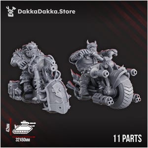 May include: Two detailed gray miniature figures on motorcycles. The figures are heavily armored and armed. The motorcycles have large wheels and multiple gun barrels. The image includes the text "DakkaDakka.Store", a tank diagram with measurements of 32x60mm and 42mm, and the text "11 PARTS".
